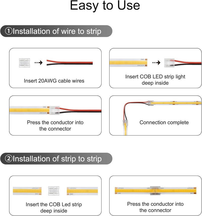Tatazone 10pcs 2PIN Transparent COB Connectors for Single Color COB Light Strips Solerless Connection (0.31(8mm)-2PIN-FCOB) with 6pcs 15cm Long Wires - Image 5